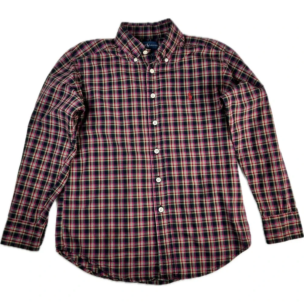 Ralph Lauren Kids Boys Small Red Green Plaid Long Sleeve Button Down Shirt